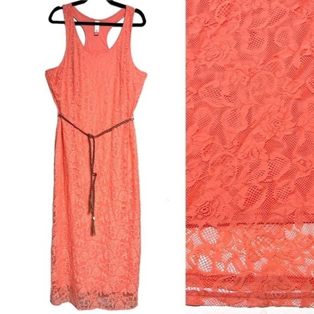 NWOT Juniors No Boundaries Coral Pink Lace Maxi Dress Braided Belt Boho XXL
